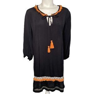 Solito‎ Black Orange Fringe 3/4 Sleeve Dress Medium